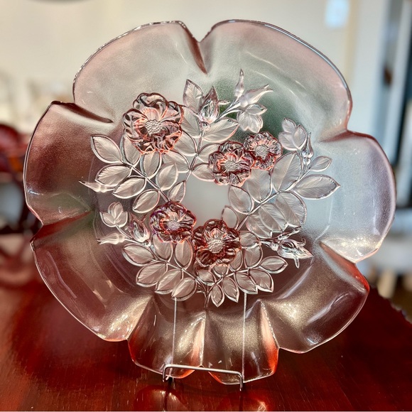 Vintage Mikasa Rosella Pink Crystal Platter Frosted Roses Walther-Glas 1990s 13” - Picture 2 of 9